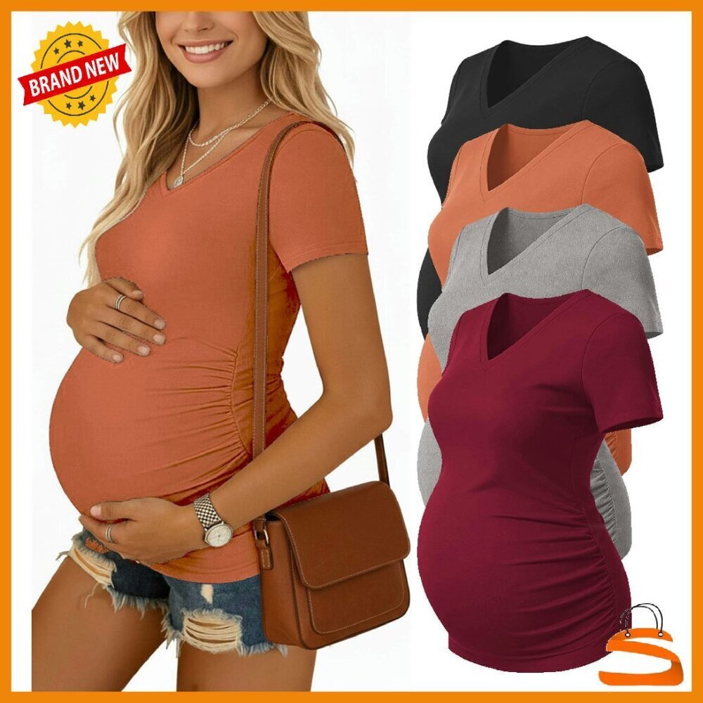 4 Pack Maternity V-Neck Tees Side Ruched Soft Stretch Pregnancy Tops